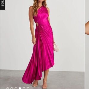 Vici satin pleaded one shoulder, cut out as symmetrical maxi dress
